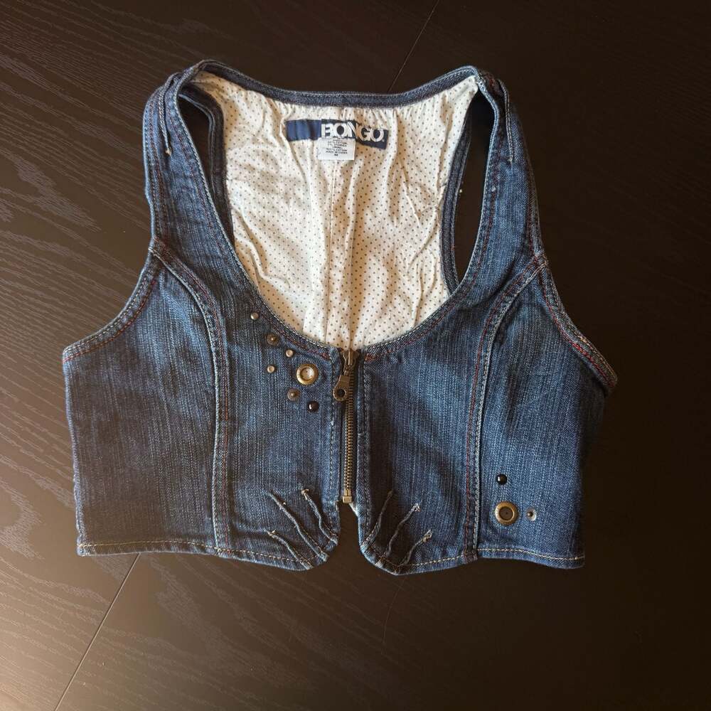 Bongo Vintage Y2K Denim Crop Vest Zip Front Embellished Size M